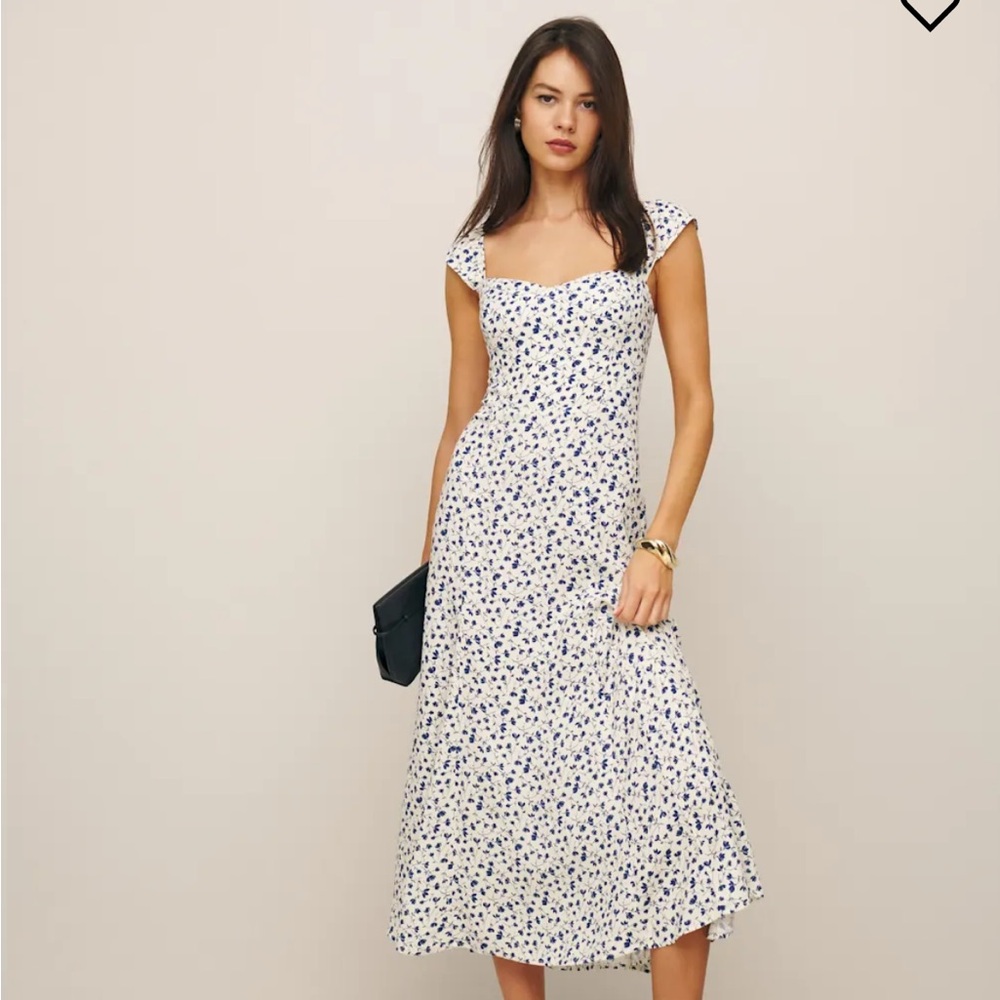 Reformation White and Navy Midi Sundress with Flutter Sleeves